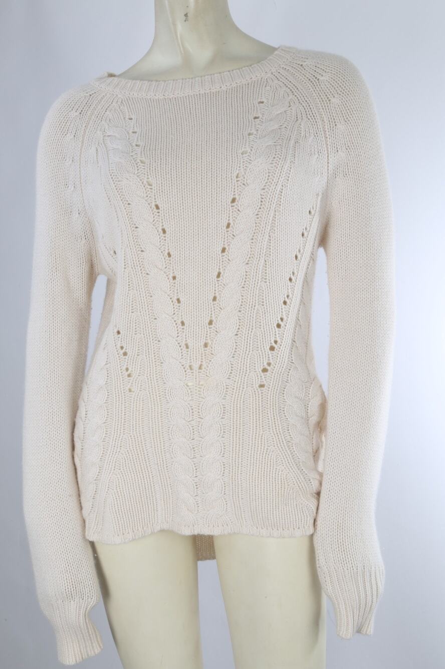 Autumn Cashmere Wool Crochet Knit Cream Long Sleeve Sweater Size S